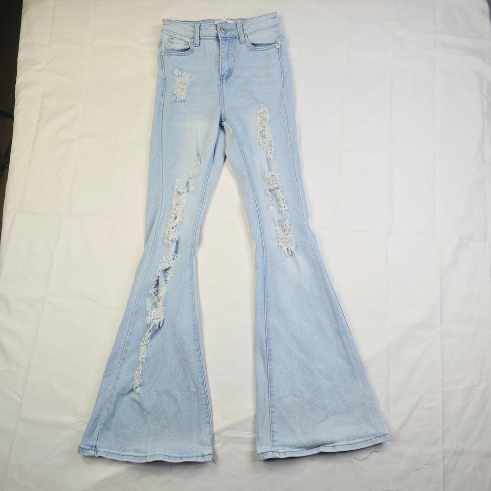 Angel Women's Distressed Flare Jeans Size 3 Light Blue Ripped Bell Bottoms H54